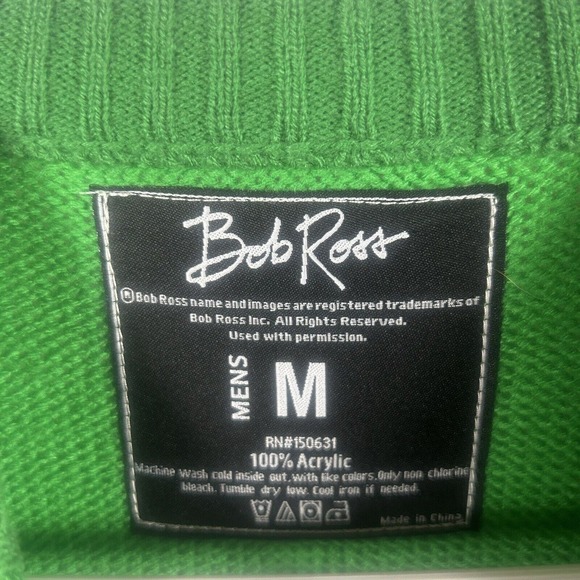 Bob Ross Men Green & White "Happy Trees" Holiday Fair Isle Sweater Size L Large - Picture 4 of 9